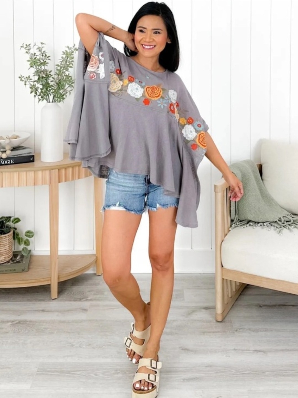 Embroidered Gray Flutter Poncho